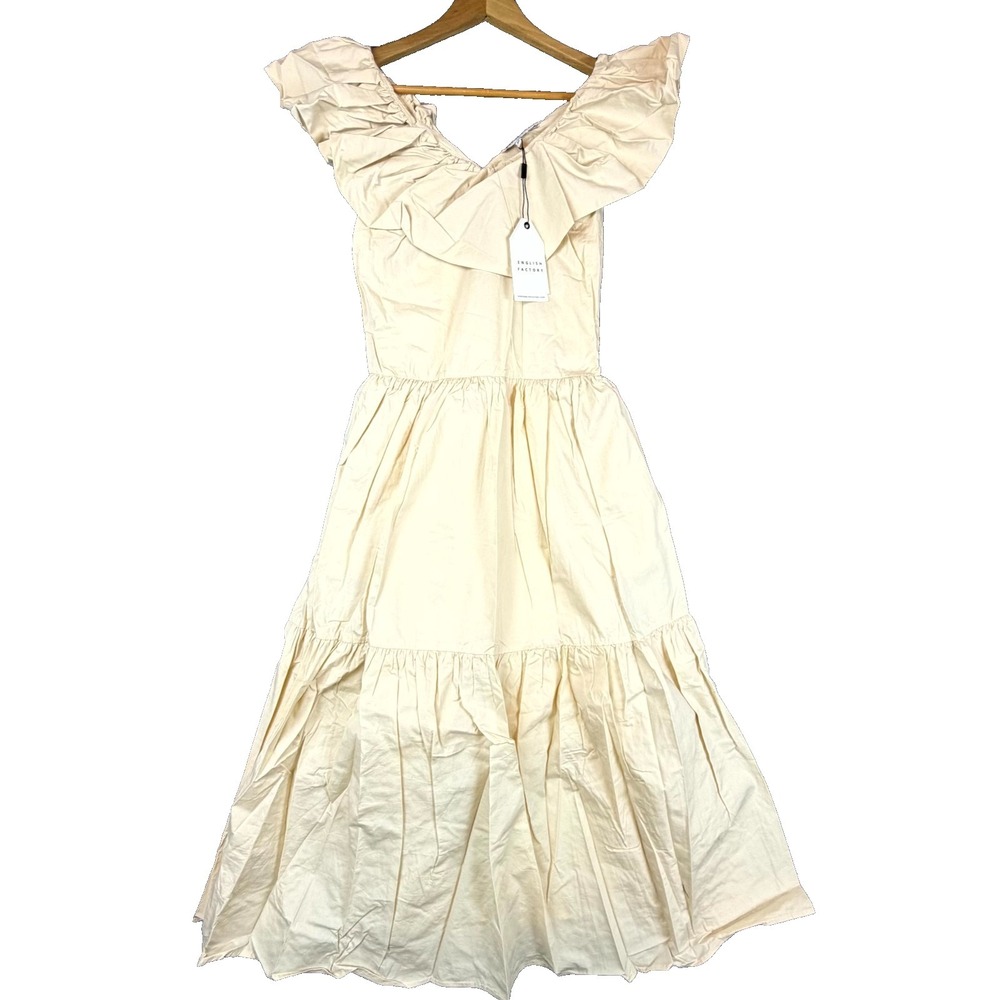 English Factory Midi Dress Women XS Beige Ruffle Neck Sleeveless Peasant Cottage